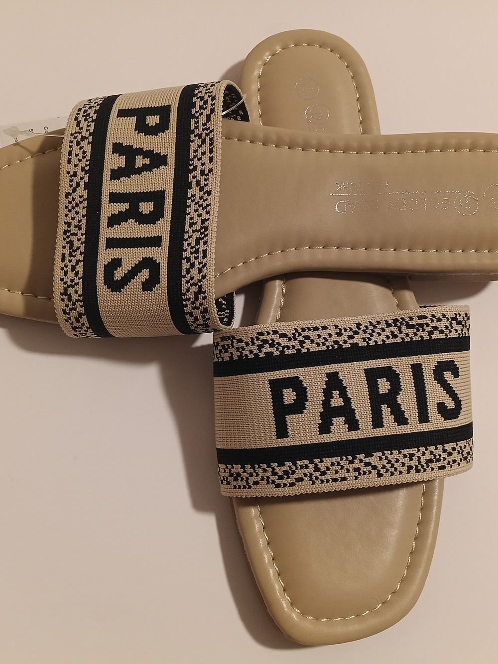 Golden Road New York "PARIS" Embroidered Canvas Slide Sandals - Beige Size 7.5